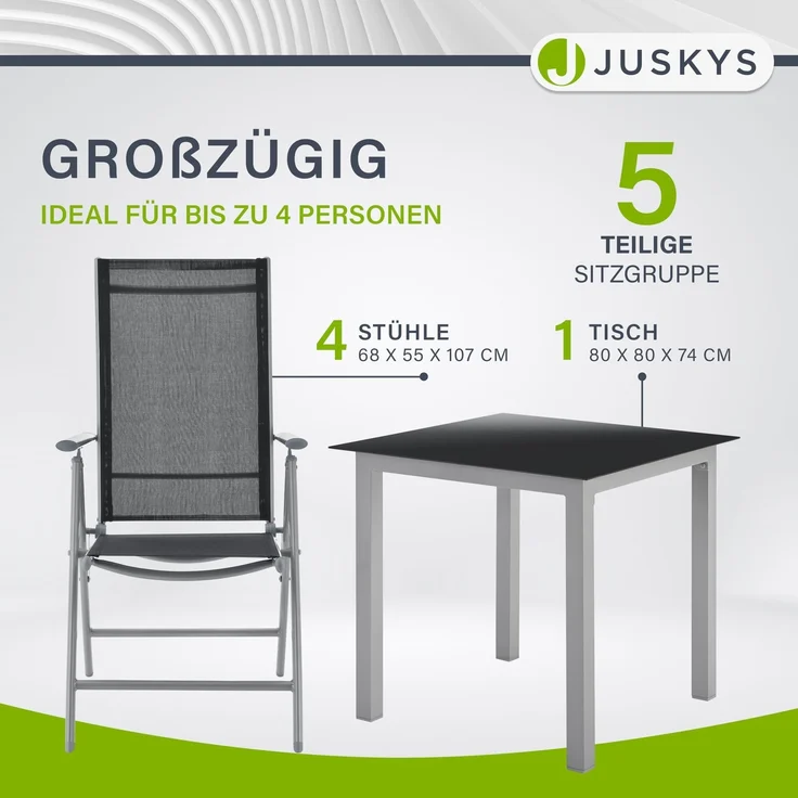 Juskys Aluminium Gartengarnitur Milano 4+1 — 4 Hochlehner Stühle verstellbar & klappbar mit Tisch — Gartenmöbel Set 5-teilig wetterfest — Silber – Bild 3