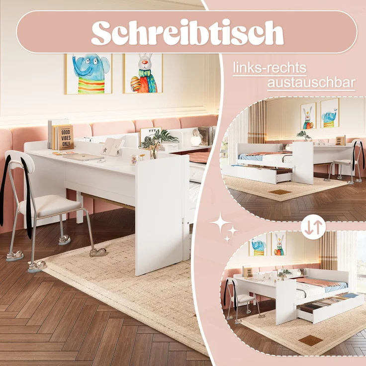 Multifunktionales Holzbett 140×200 cm mit Schreibtisch, Schubladen & Regalen – platzsparendes Doppelbett für modernes Schlafzimmer – Bild 6