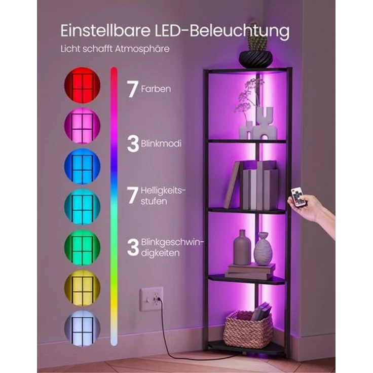 VASAGLE Eckregal 5 Ebenen, Bücherregal mit einstellbarer LED-Beleuchtung – Bild 3