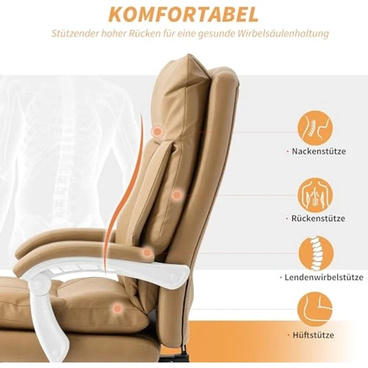 HOMCOM Bürostuhl Ergonomischer Schreibtischstuhl mit Lendenwirbelstütze, Klappbar Armlehne, Fußstütze, Höhenverstellbarer Drehstuhl mit Liegefunktion, Kunstleder, Gepolstert Computerstuhl, Hellbraun – Bild 4