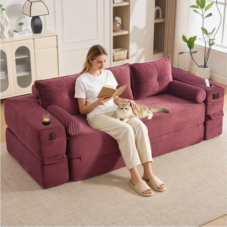 HAUSS SPOLE Schlafsofa 3-Sitzer Klappsofa aus Cord,Loungesofa mit Getränkehalter & Taschen, Cord-Multifunktionssofa mit hochdichtem Schaumstoff und Reißverschluss, Dreisitzer ausklappbare Schlafcouch-Funktion – Bild 3