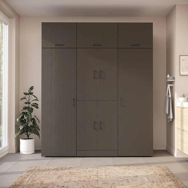 Roomart Waschmaschinenschrank - DORA-I- 190 cm breit - Wasch- & Trocknerschrank mit 2 Hochschränken, Türen & Ausziehbrett, Waschmaschinen-Überbau für Waschküche & Hauswirtschaftsraum • Schwarz-Eiche – Bild 2