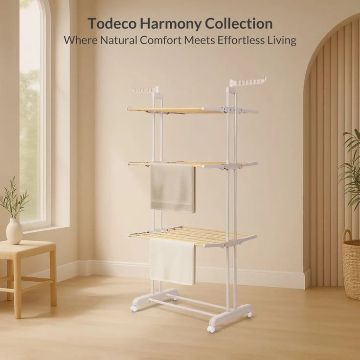 Todeco Wäscheständer Turm Klappbar 3 Ebenen, Metallrohre in Holzmaserung mit schwenkbaren Flügeln, Rahmen in Elegante Latte‑Elfenbein, Harmony Collection Turmwäscheständer auf Rollen – Bild 7