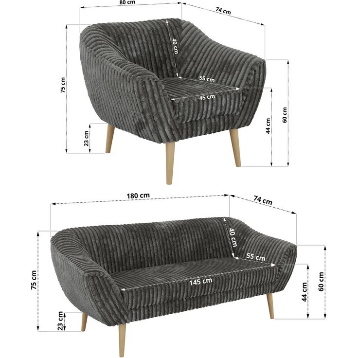 Wohnzimmerset PIRS 1-1-3, Skandinavisches 3-Sitzer Sofa mit Sesseln, Sofa mit Wellenfederung, Buche Füße, Skandinavisches Möbelset - Grau Cord – Bild 5