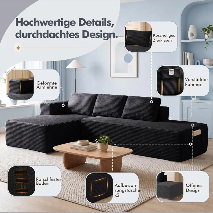 COMHOMA Ecksofa mit Schlaffunktion, 255cm Corduroy Modulares Boneless Couch mit Chaiselongue & Rücken-Metallgestell, L-Form Schlafsofa mit offenem Design, Kissen & Seitentaschen,für Wohnzimmer,Schwarz-R – Bild 9
