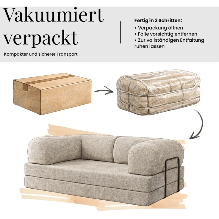3-Sitzer Sofa ORSETTO mit Schlaffunktion, Metallrahmen, modernes Bettsofa mit HR- und T30-Schaum - Hellgrau Stukture – Bild 12
