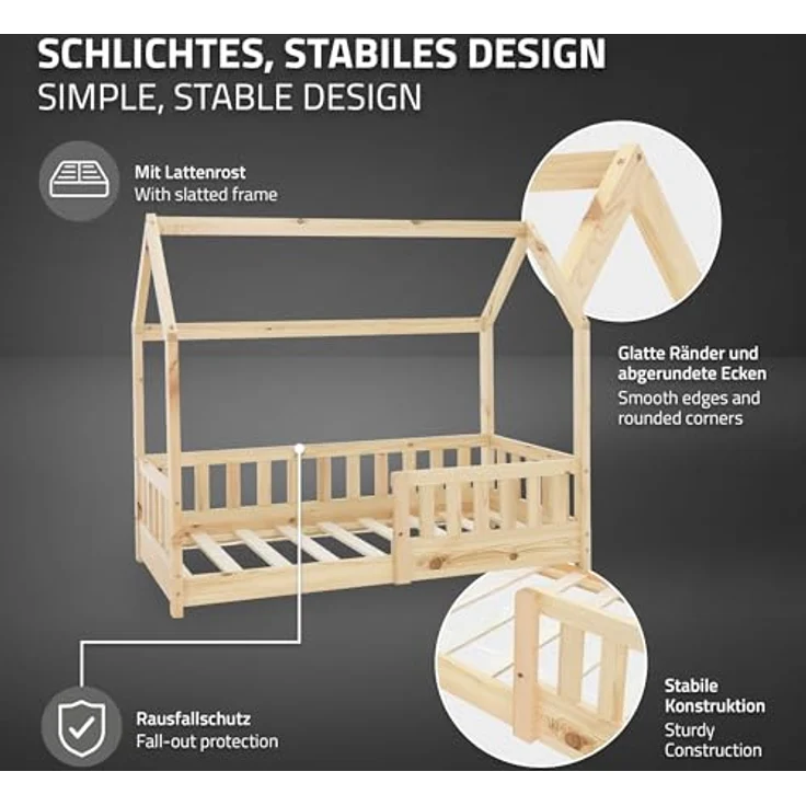 ML-DESIGN Kinderbett Hausbett Spielbett inkl. Lattenrost kreativ Bodenbett für Kinder, Abenteuerbett mit Rausfallschutz Spielbett Kiefer Natur Himmelbett – Bild 6