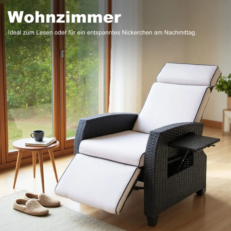 HOMAVO Gartensessel Rattansessel mit verstellbarer Rückenlehne, praktischem Ablagetisch, Maximale Belastung 200 kg, Legierung Stahlrahmen, wetterfest, mit Fußstütze, manuelle Verstellung – Bild 2