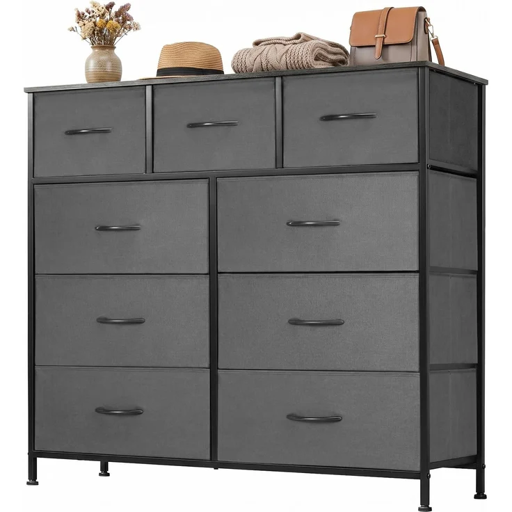 DUMOS Kommode mit Schubladen - Kommoden & Sideboards für Schlafzimmer Geeignet, Komodenschrank mit 9 Schubladen, Stoffkommode mit Stahlrahmen, Schrank Klein, Ideal für Flur, Wohnzimmer (Grau)