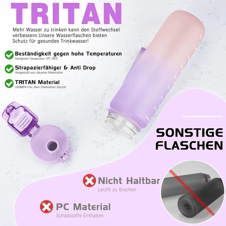 AOPREL Trinkflasche 1l BPA-frei Tritan Kohlensäure geeignet lila rosa体Verlauf – Bild 3
