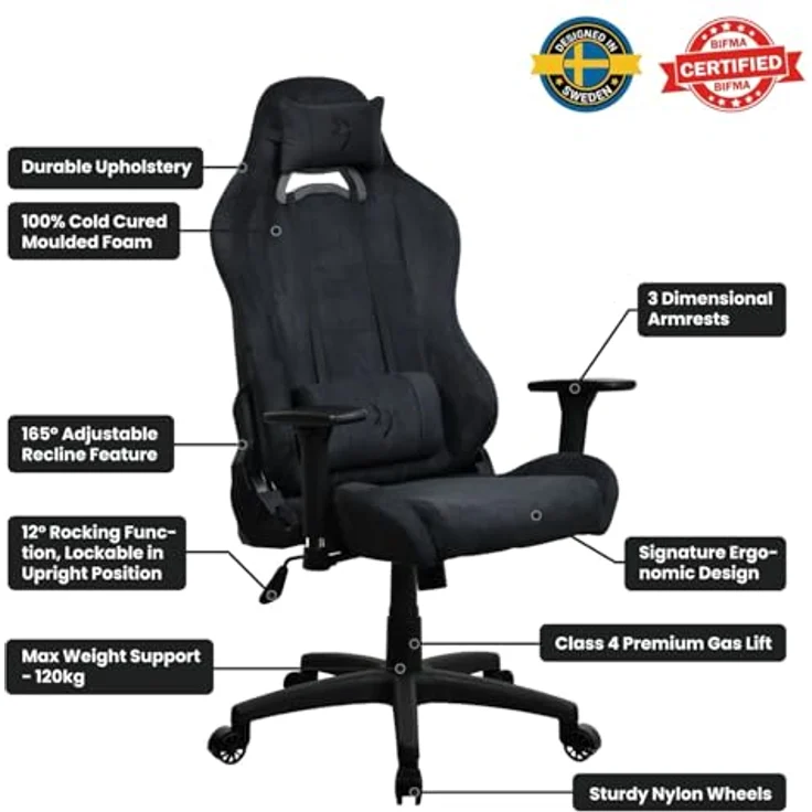 Arozzi Torretta Gaming Stuhl, ergonomischer Bürostuhl mit Supersoft Stoffbezug, schwarz, bis 120 kg belastbar – Bild 4
