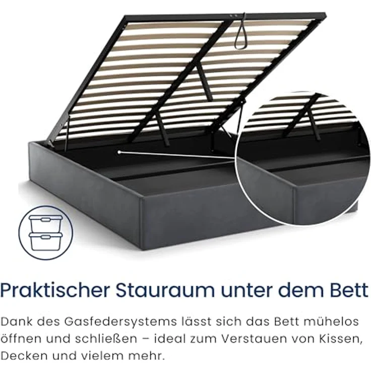 Home Collective Polsterbett Doppelbett 160x200 cm, platzsparend ohne Kopfteil, mit Lattenrost & Stauraum, weiche Samtpolsterung in graphit – Bild 3