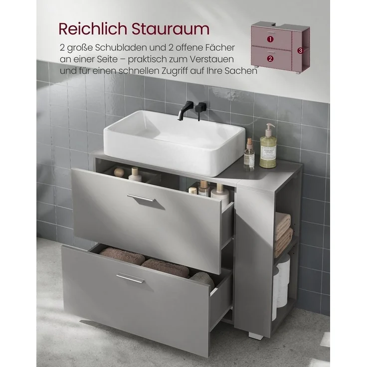 VASAGLE Waschbeckenunterschrank Badschrank offene Fächer an einer Seite, rechts oder links austauschbar – Bild 3
