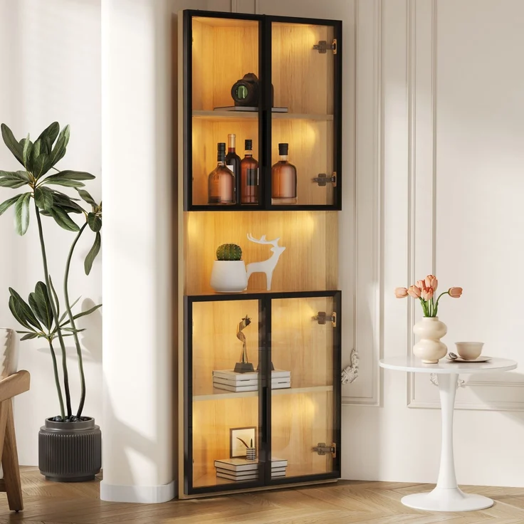 Flieks LED Eckvitrine 62×32×160 cm, Glasvitrine mit gehärteten Glastüren, Sammlungsvitrine & Bücherregal in Eichenoptik – Bild 3