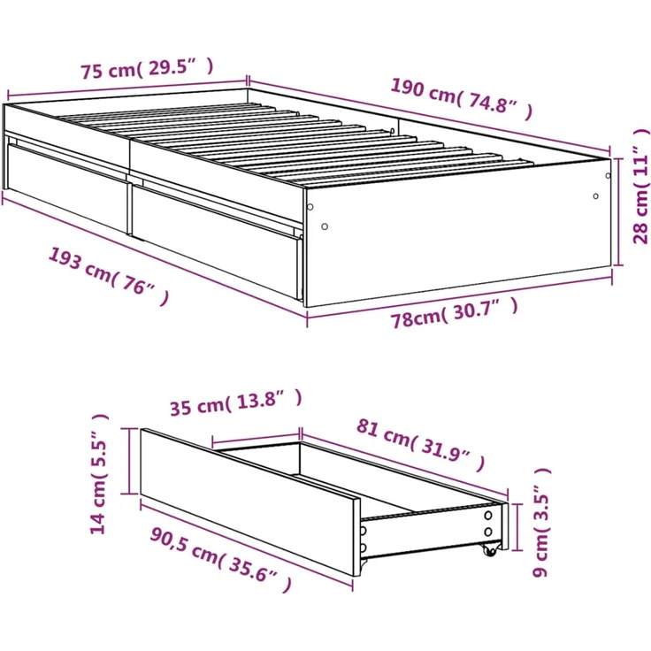 vidaXL Bettgestell mit Schubladen Weiß 75x190 cm Holzwerkstoff 3280713 – Bild 10