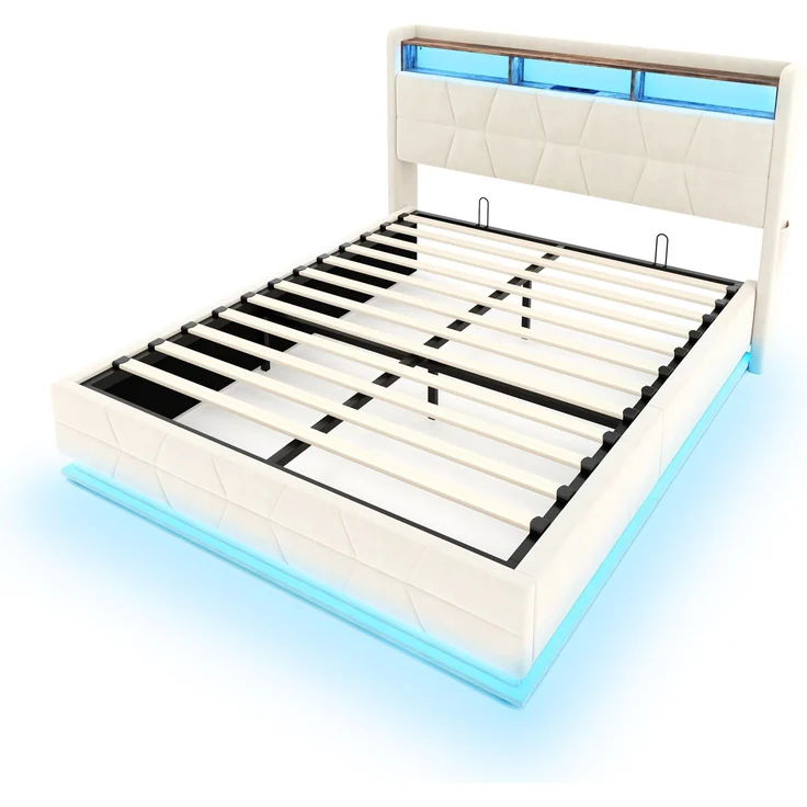 LVHOM Doppelbett 140x200cm mit LED&USB, Polsterbett mit hydraulischem Stauraum, Samtstoff, Beige – Bild 2