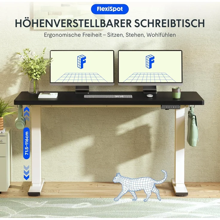 FLEXISPOT Höhenverstellbarer Schreibtisch 160×80cm, mit Haken und 25mm EINTEILIGER Tischplatte, ergonomischer Schreibtisch mit LED-Höhenanzeige und Memory-Funktion (Schwarz, Mousseweiß) – Bild 2