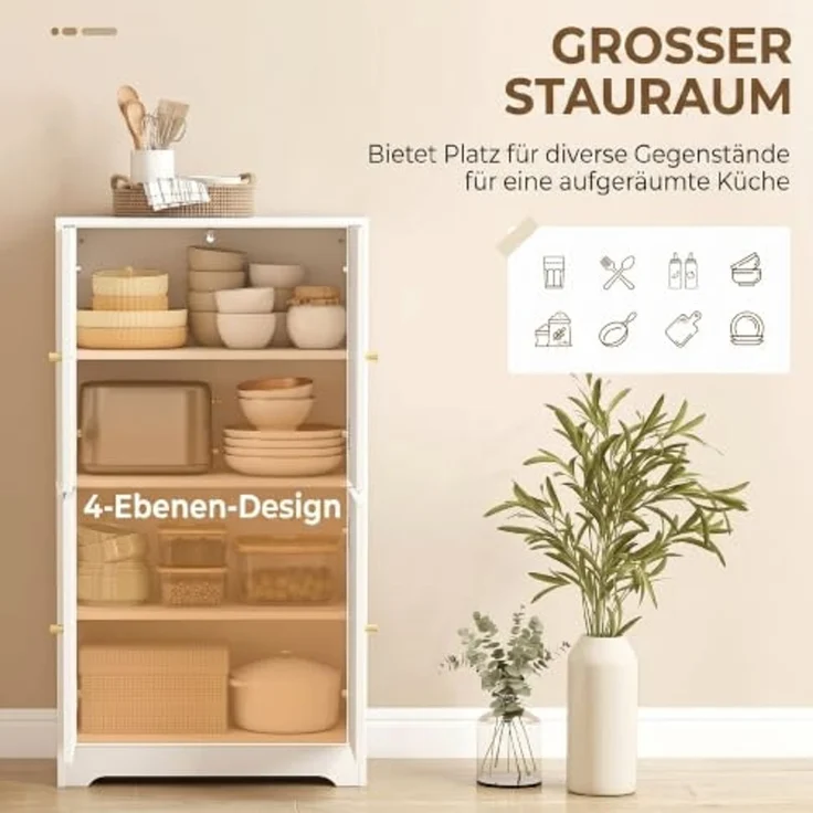HOMCOM Mehrzweckschrank Küchenbuffet Buffetschrank verstellbare Böden gewölbte Türen (Hochschrank, 1-St, Küchenschrank) für Wohnzimmer, Weiß, 60 x 30 x 110 cm – Bild 5