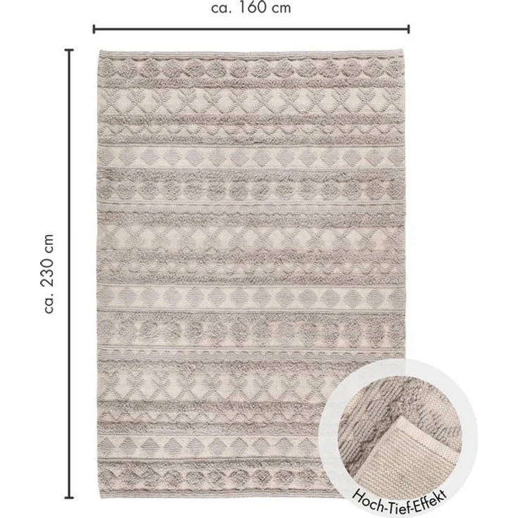 LUXOR living Wollteppich Hägga, rechteckig, Höhe: 15 mm, Handweb Teppich, reine Wolle, handgewebt, Hoch-Tief Struktur – Bild 4