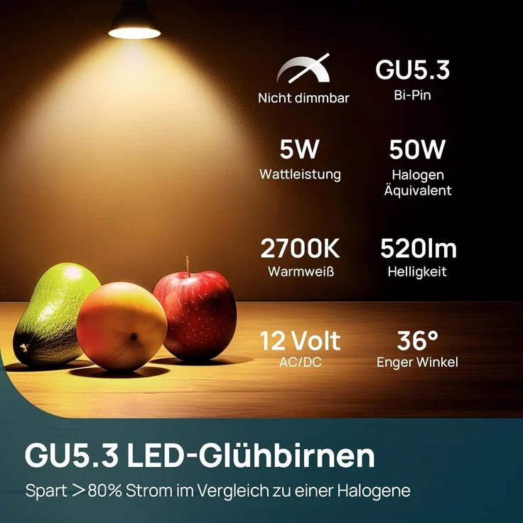 Linkind GU5.3 MR16 LED 5W Lampe 12V, 50 Watt ersetzt, 2700K Warmweiß 36° Abstrahlwinkel LED Spot MR16, 520Lm AC/DC 12Volt LED Leuchtmittel, Nicht dimmbar, 5 Stück – Bild 2