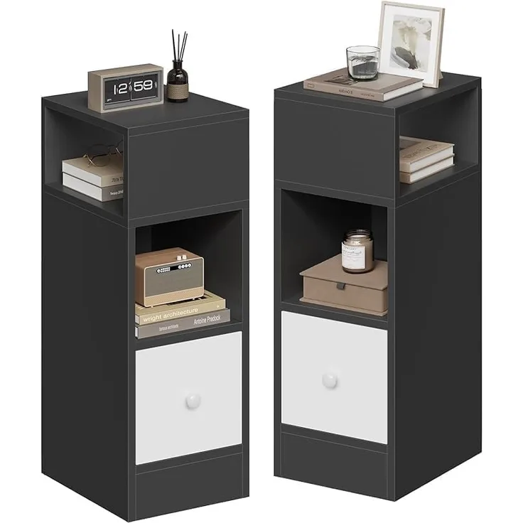 EUGAD 2er Set Nachttische schmal mit 2 offenen Ablagen 1 Schublade, schmaler Kleiner Nachtschrank im Schlafzimmer, 25 x 66 x 30 cm, Nachtkästchen Platzsparend, aus Holzwerkstoff, dunkelgrau, 0010CTG-2