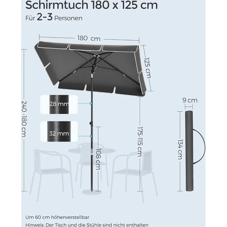 SONGMICS Sonnenschirm 180x125 cm, Balkonschirm UPF 50+, Sonnenschutz, beidseitig um 30° knickbar, höhenverstellbar, mit Aufbewahrungstasche, für Garten, Terrasse, ohne Ständer, grau GPU180G01 – Bild 7