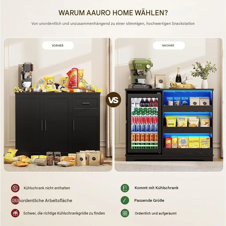 Snackschrank 100x43.5x83 cm mit 92L Kühlschrank, LED-Beleuchtung und Stauraum, Schwarz – Bild 7