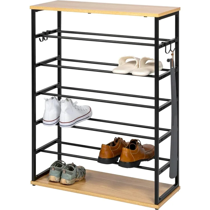 eluno Schuhregal für max. 18 Paar Schuhe, 2 Holzablagen, 4 Haken