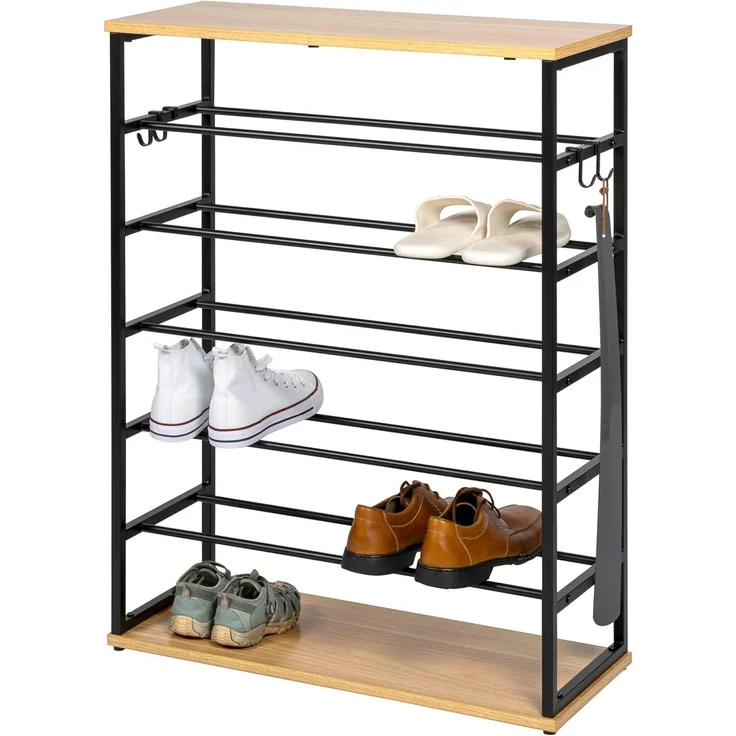 eluno Schuhregal für max. 18 Paar Schuhe, 2 Holzablagen, 4 Haken – Bild 1