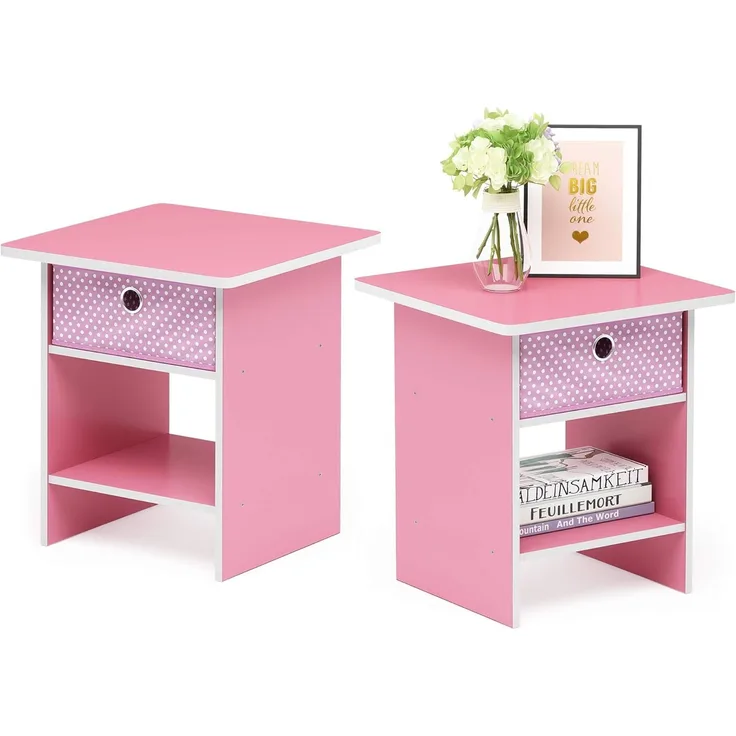 Furinno Dario Beistelltisch/Nachttisch Aufbewahrungsregal mit Schublade (2er Set), Holz, Rosa/Hellrosa, 39. 37x39. 37x45. 21 cm