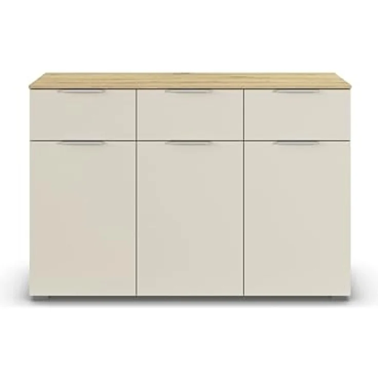 Rauch Möbel Alabama, Kommode für Schlafzimmer, Kinderzimmer, Garderobe, Flur, 3-türig, mit 3 Schubladen, Soft-Close-Fuktion, Farbe Beige/Eiche Artisan, Holz, Griff Alufarben, Maße 120 x 81 x 42 cm – Bild 6