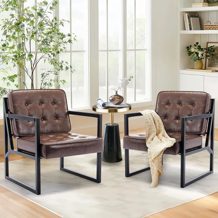 COLAMY Mid Century Modern ohrensessel 2er Set, Bequeme lounge sessel, Brauner Leder Accent Chair, Kunstleder Empfangssessel mit Metallbeinen für Wohnzimmer Schlafzimmer Empfangsraum Wartezimmer, Brown