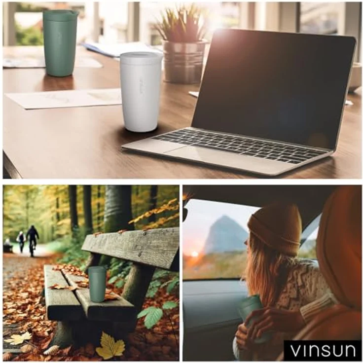 Vinsun Thermobecher Edelstahl Isolierbecher 350ml - Kaffeebecher to Go auslaufsicher, 2-tlg, Edelstahl, Doppelwandig, BPA frei, bruchfest, Einhandbedienung per Knopfdruck – Bild 10