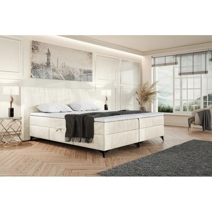 MEBLINI Boxspringbett NANI 160x200cm - H3B/Creme Samt - mit Bettkasten - Polsterbett - Doppelbett mit Topper & Bonellfederkern-Matratze – Bild 1