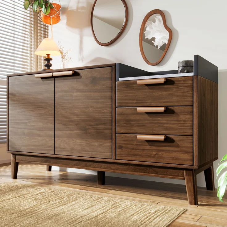 Merax Wohnzimmer Kommode mit Marmor-Optik Platte - Offene Ablage + 3 Schubladen & Doppeltürschrank (innen höhenverstellbar) - Massivholzbeine & kehrroboterfähig, H77/B120/T40 cm – Bild 2