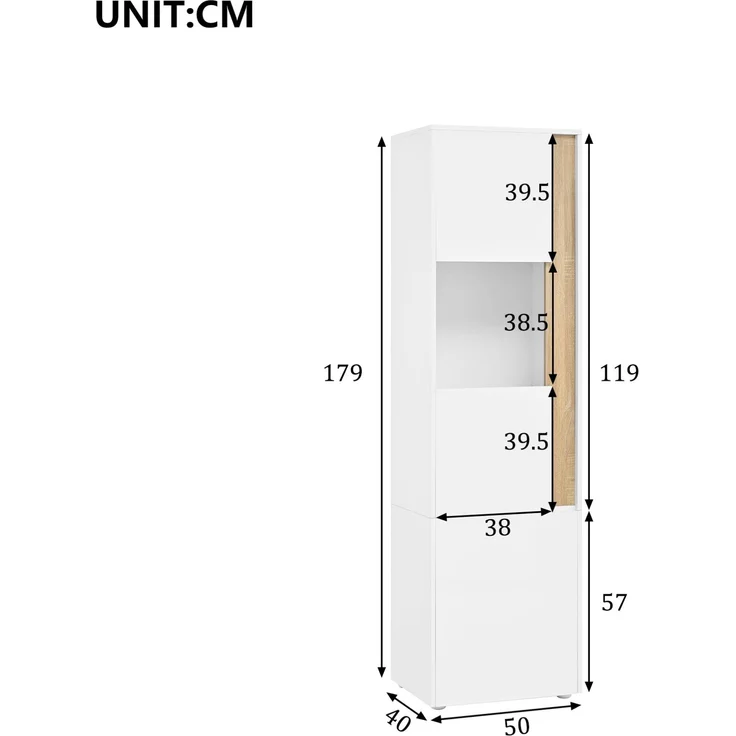 Vitrine 50 x 40 x 179 cm in Weiß und Natur mit LED-Beleuchtung und Acryltür – Bild 5