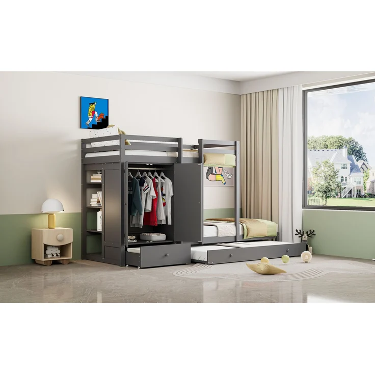 Bett Etagenbett 90/180x200 cm aus Holz mit Ausziehbett, Kleiderschrank und Schubladen, grau, ohne Matratze – Bild 5