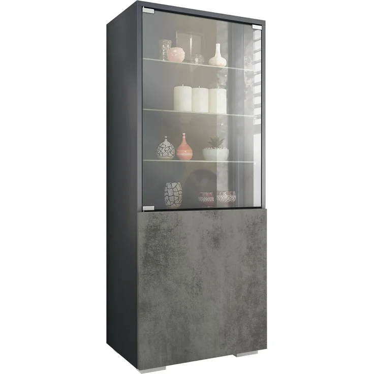 Vladon Standvitrine Granada (Vitrinenschrank, mit Glastür und Glaseinsatz) Anthrazit matt/Beton Dunkel Optik (50 x 122,5 x 34,5 cm) – Bild 1