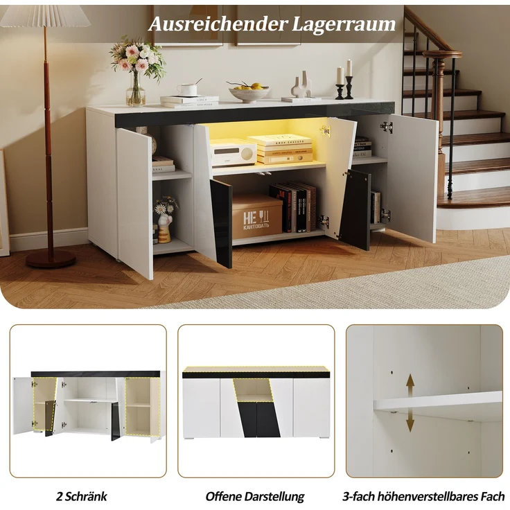 Merax 140 cm Sideboard, Großer Aufbewahrungsschrank mit 3 Schränken und 4 Türen, Abgewinkeltes Design + Schwarz-Weiß-Farbblockierung, Moderne Kommode mit LED-Lichtleiste – Bild 7