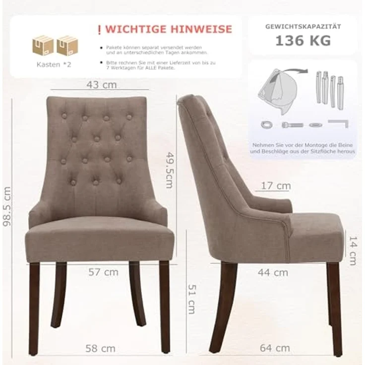 COLAMY Esszimmerstühle 4er Set, Moderne Küchenstuhl Gepolsterte Esszimmerstühle im Wingback, Polsterstuhl Wohnzimmerstuhl mit Knopfsteppung für Esszimmer, Küche, Restaurant mit Holzbeinen, Taupe – Bild 2