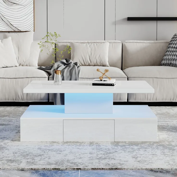 Couchtisch zweistufig mit LED-Beleuchtung & Schublade in Weiß - 100x50x39 cm