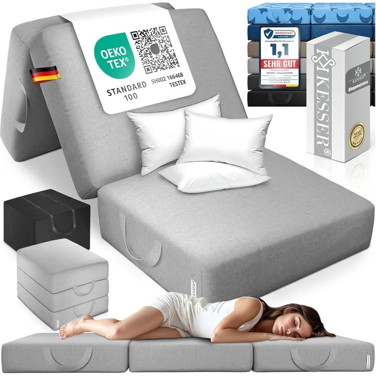 KESSER® Klappmatratze Gästematratze 3-fach Faltmatratze faltbar zum Sitzhocker | Schaumstoff 25kg/m³ extra dick 15cm atmungsaktiv waschbar abnehmbarer Bezug | Matratze inkl. Camping Tragetasche Grau, 90 x 200 x 15 cm