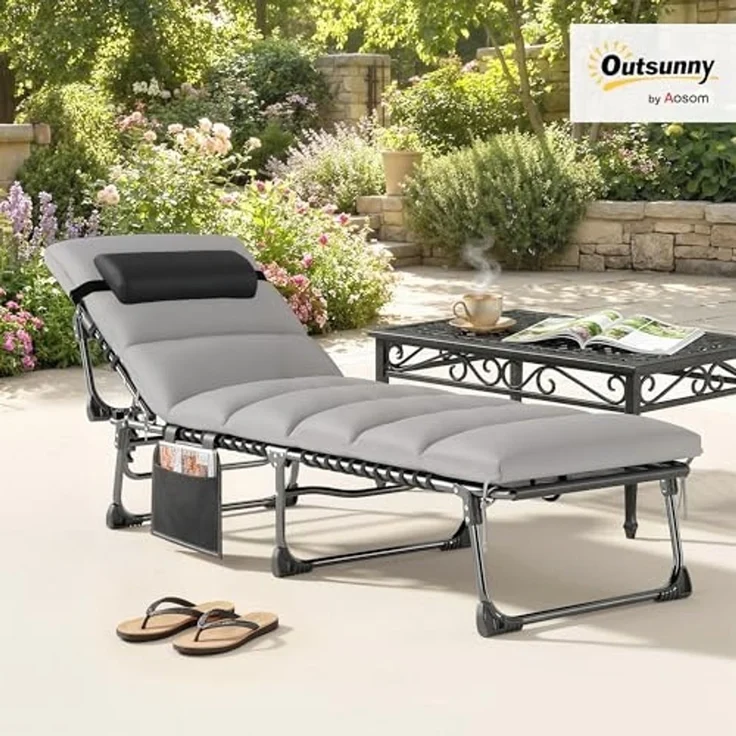 Outsunny Gartenliege mit 5-fach Verstellbar Rückenlehne, gepolsterter Matratze, Kopfstütze, Liegestuhl, 1 St, Sonnenliege, für Garten Terrasse Pool – Bild 2