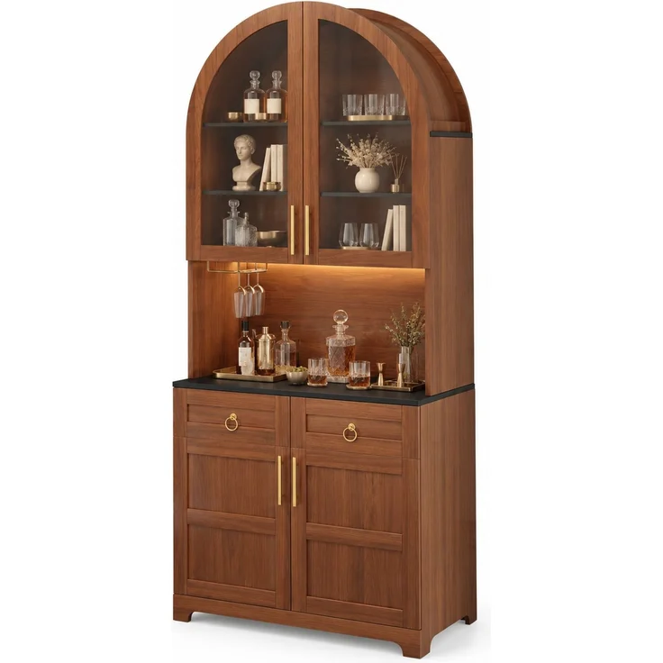 Sideboard 80 x 40 x 180 cm in Nussbaum mit Glasvitrine, Arbeitsfläche und LED-Beleuchtung – Bild 7
