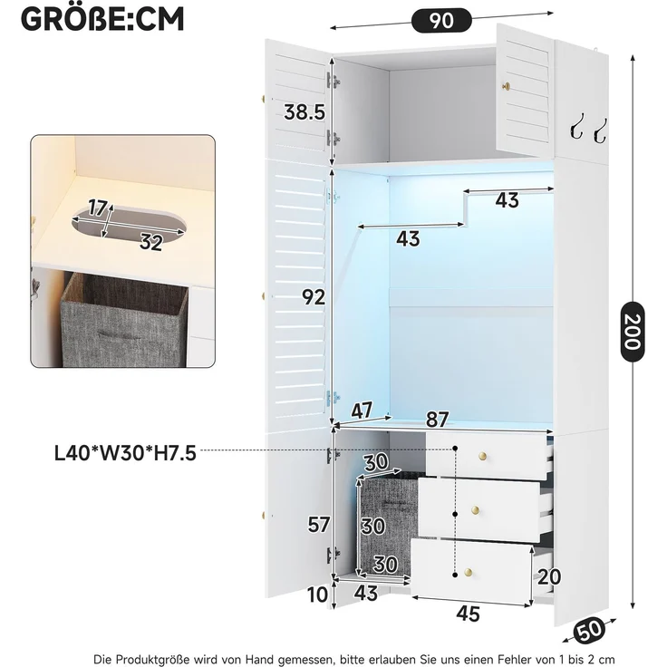 Drehtürenschrank 90 x 50 x 200 cm aus Spanplatte in Weiß mit LED-Kleiderstange – Bild 5