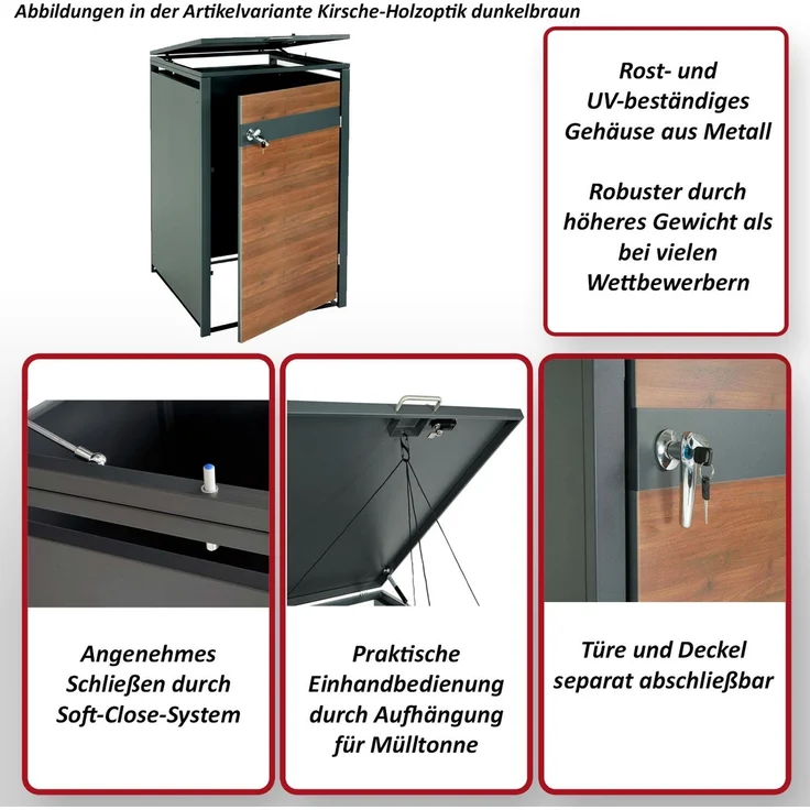 XL 1er/2er-Mülltonnenverkleidung HWC-J82, Mülltonnenbox, Metall 38kg, anthrazit ~ Kirsche-Holzoptik dunkelbraun – Bild 2