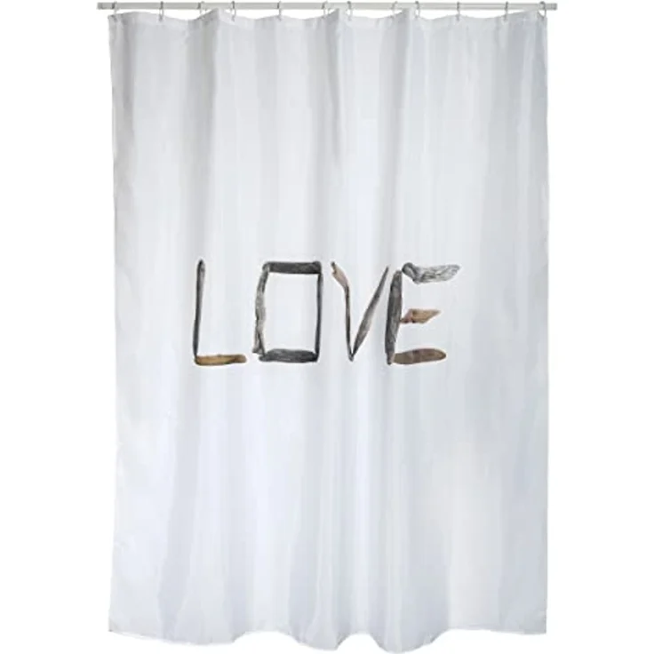 MSV Duschvorhang LOVE Breite 180 cm, Textil-Duschvorhang, 100% Polyester, wasserabweisend, Anti-Schimmel-Effekt, waschbar 30°, angesagter Shabby Look, Farbe weiß / braun, 180x200 cm – Bild 2