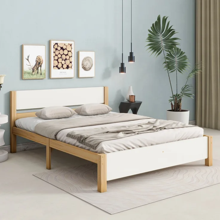 Doppelbett 140x200 cm, Holzbett mit Kiefernholzrahmen und Mittelfuß, Weiß & Natur