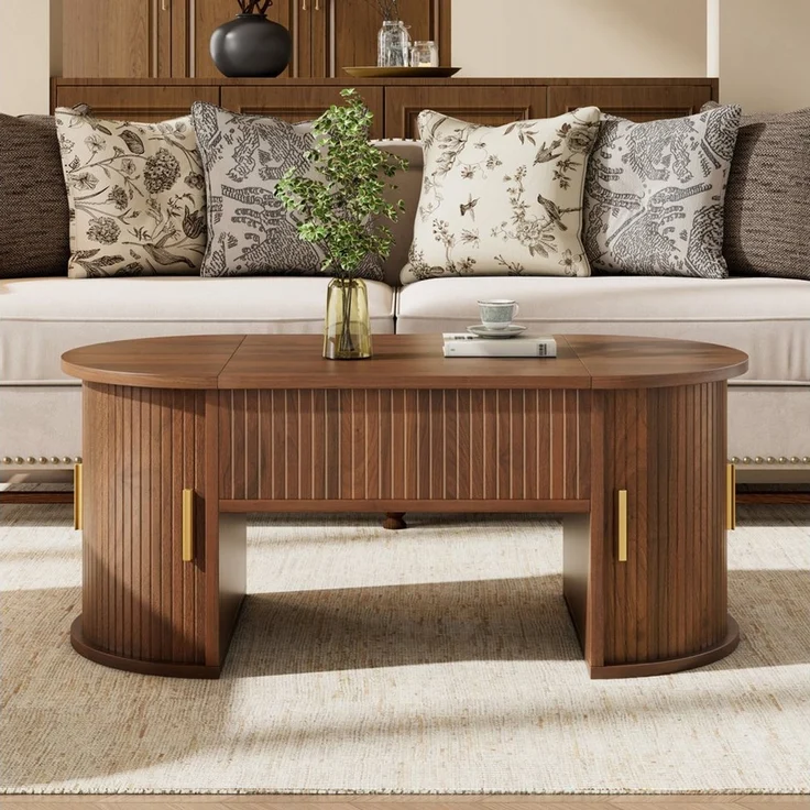 HAUSS SPOLE Couchtisch höhenverstellbar Sofatisch mit Schiebetüren,Stauraum,Nussbaum (Multifunktionstisch Wohnzimmertisch mit höhenverstellbarer Tischplatte und zwei Schiebetüren), Sofa-Beistelltisch mit abgerundeten Kanten – Bild 2