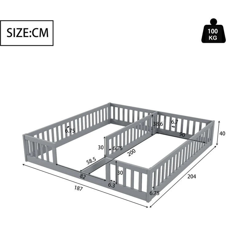 CHICFURN Bett Kiefernholz Grau 90x200 cm mit Sicherheitsgitter ohne Lattenrost – Bild 10